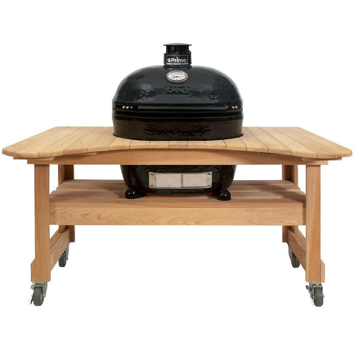 Primo Oval XL Ceramic Kamado Grill On Curved Cypress Table With Stainless Steel Grates