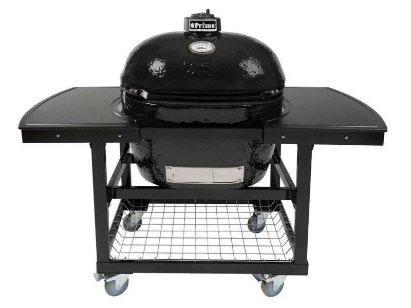 Primo Oval XL 400 Ceramic Kamado Grill On Steel Cart With 2-Piece Island Side Shelves And Stainless Steel Grates