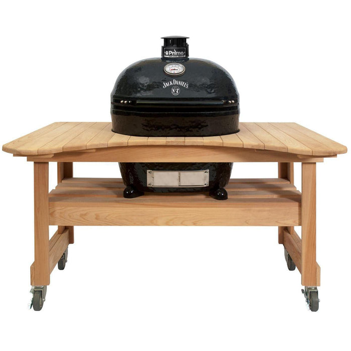 Primo Jack Daniels Edition Oval XL Ceramic Kamado Grill On Curved Cypress Table