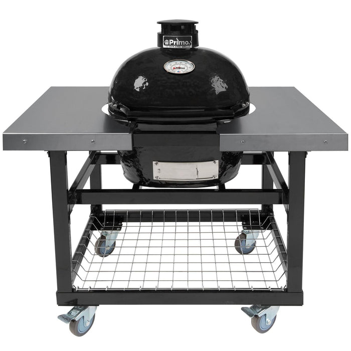 Primo Oval Junior Ceramic Kamado Charcoal Grill On Steel Cart With Stainless Side Tables