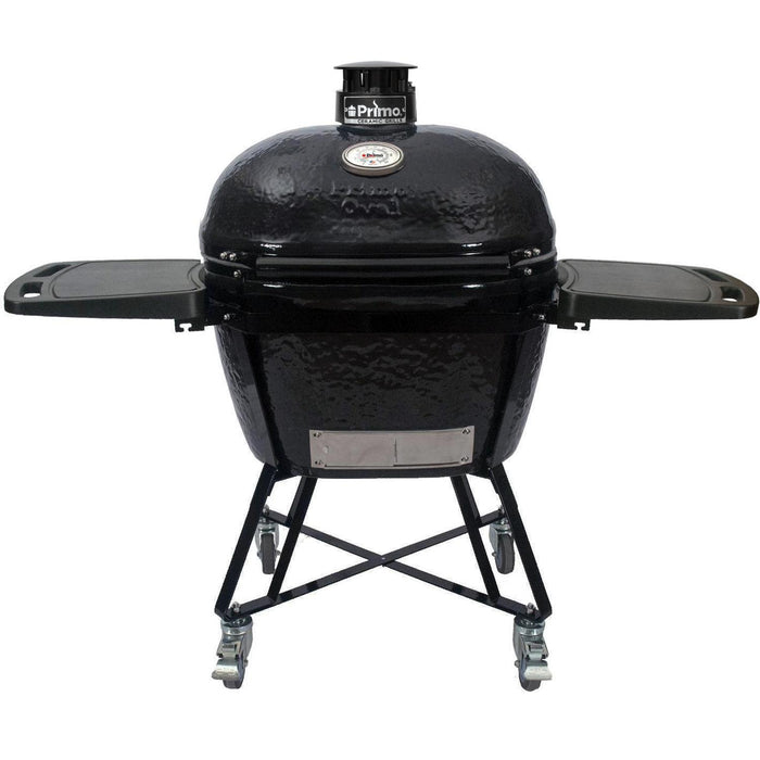 Primo All-In-One Oval XL 400 Ceramic Kamado Grill With Cradle, Side Shelves, And Stainless Steel Grates