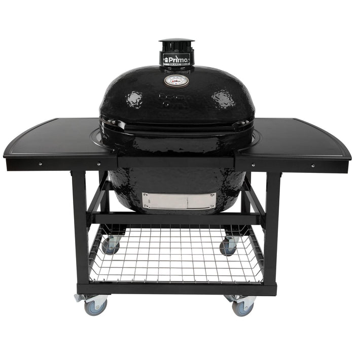 Primo Oval Junior Ceramic Kamado Charcoal Grill On Steel Cart With 2-Piece Island Side Shelves