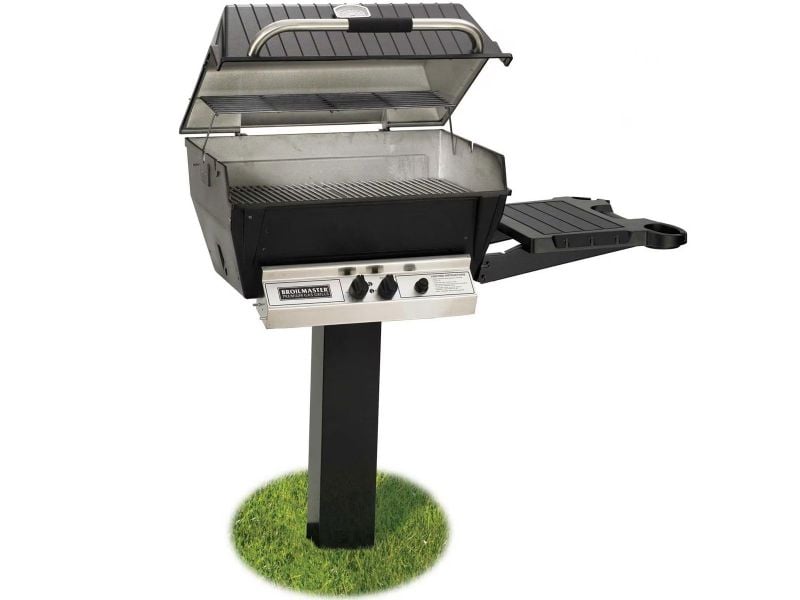 Broilmaster H3 Deluxe Natural Gas Grill On Black In-Ground Post With Black Drop Down Side Shelf